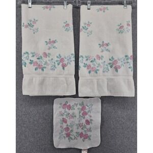Vintage 1980s Caress Floral Bath Towel Set White Pink Roses 3 Piece 42x25" USA‎
